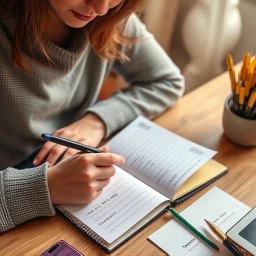 A person sitting at a desk, thoughtfully planning their financial goals with a notebook and pen