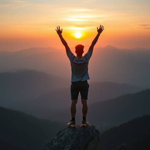 A person standing on a mountaintop, arms raised in celebration, symbolizing achievement of financial goals